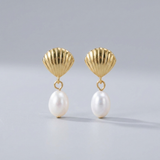 Gold Shell Pearl Drop Earrings