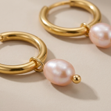 Gold Pink Pearl Hoop Earrings