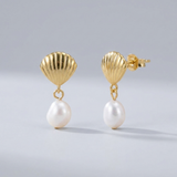 Gold Shell Pearl Drop Earrings