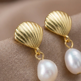 Gold Shell Pearl Drop Earrings