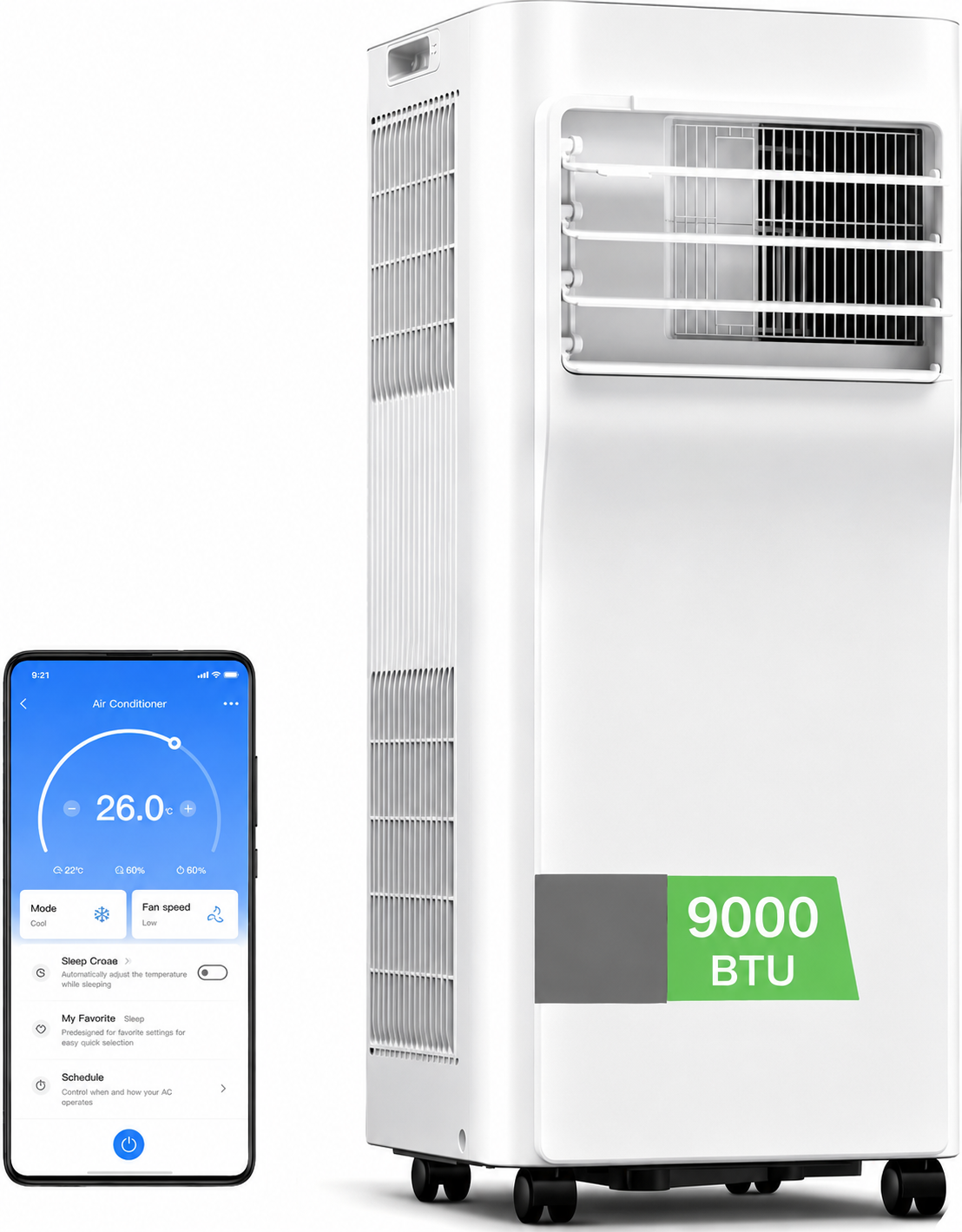 Breezy Cool 2.6 climatiseur mobile connecté 9000 BTU 2,6 kW 3-en-1, R290, app, 33 m²