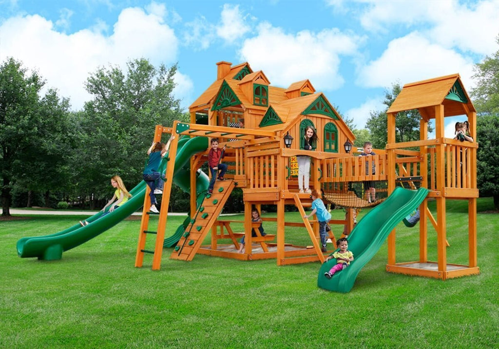 Gorilla Playsets Empire Extreme Wooden Swing Set with Monkey Bars, Clatter Bridge, Tower, and 3 Slides