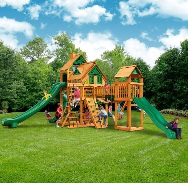 Gorilla Playsets Mountaineer Treehouse Wooden Swing Set with Tube Slide, Rope Ladder, and Sandbox