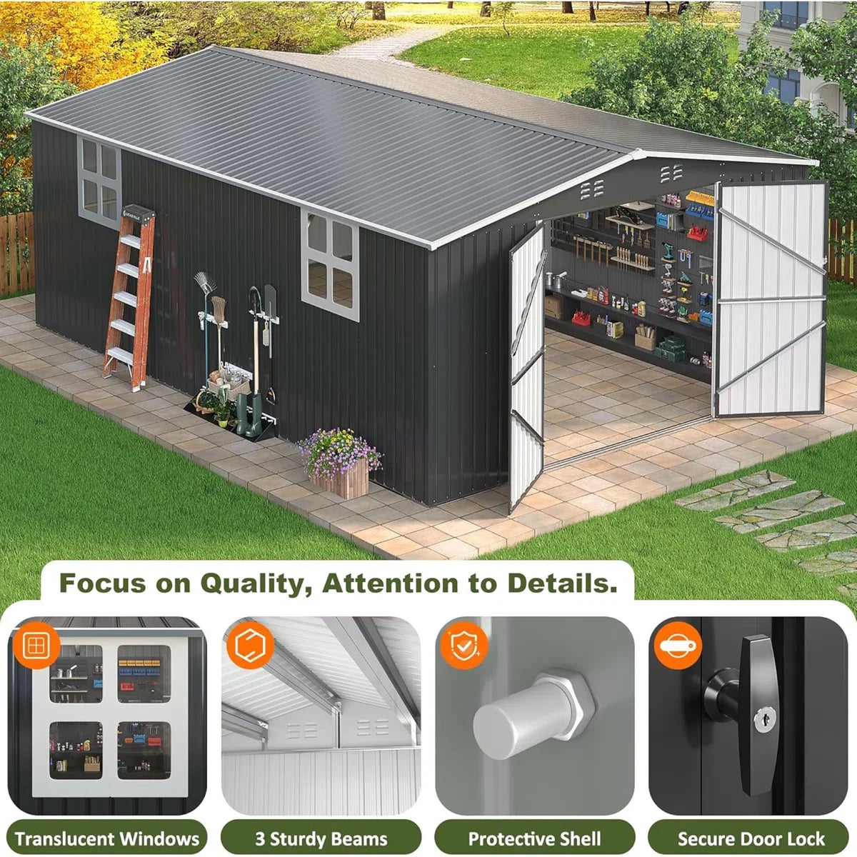 12 ft. W x 18 ft. D Large Outdoor Metal Shed, All-Steel Construction with Windows and Lockable Doors