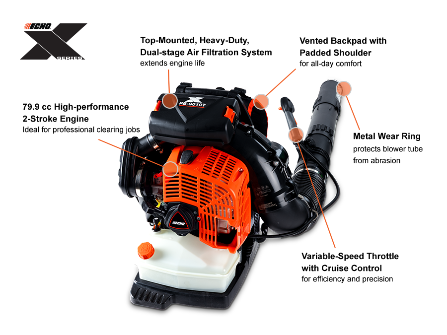 ECHO PB-9010T X Series Backpack Blower with 79.9cc Engine, 48N Blowing Force, and Vented Back Pad