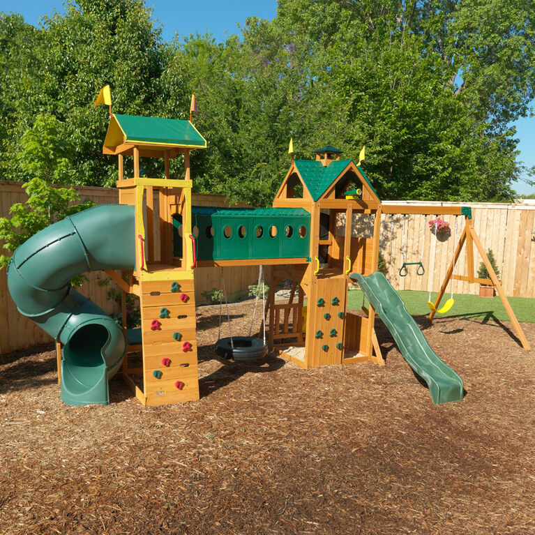 KidKraft Mockingbird View Wooden Swing Set / Playset with Tower, Hoop, Tunnel, and Tire Swing