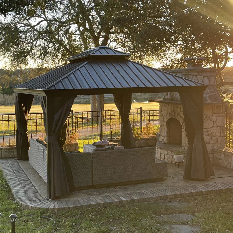 PURPLE LEAF 10X14 Patio Gazebo for Backyard Grey Hardtop Galvanized Steel Roof Awning with Upgrade Curtain