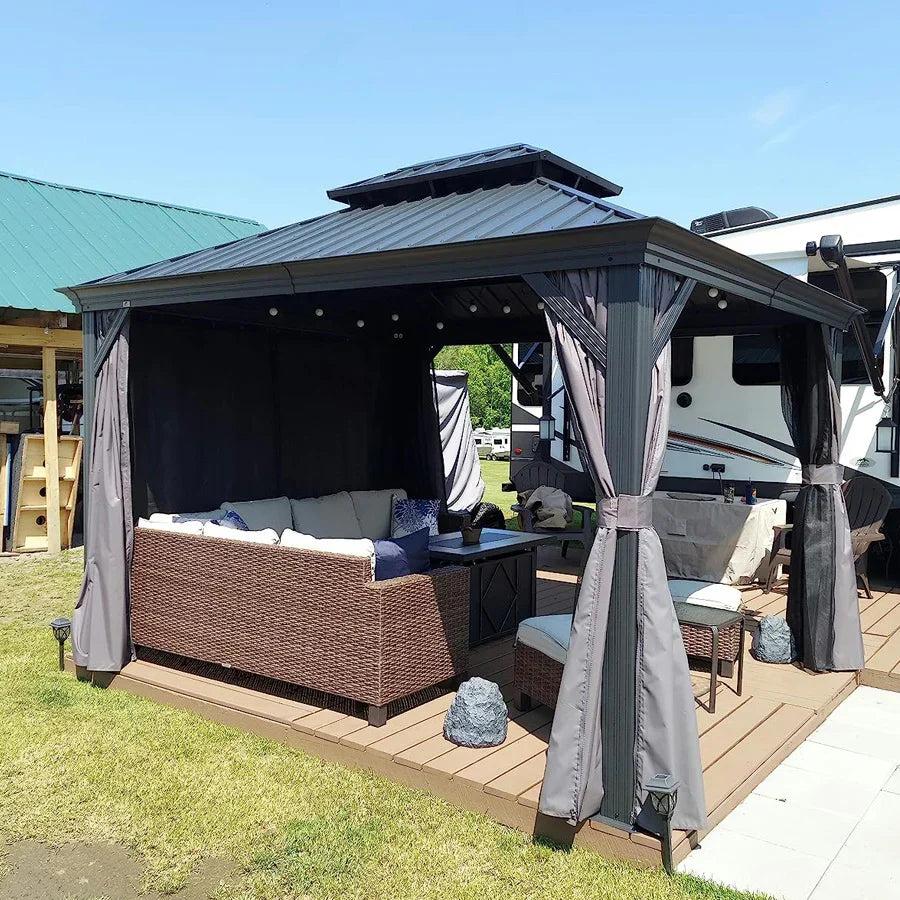 PURPLE LEAF 10X14 Patio Gazebo for Backyard Grey Hardtop Galvanized Steel Roof Awning with Upgrade Curtain