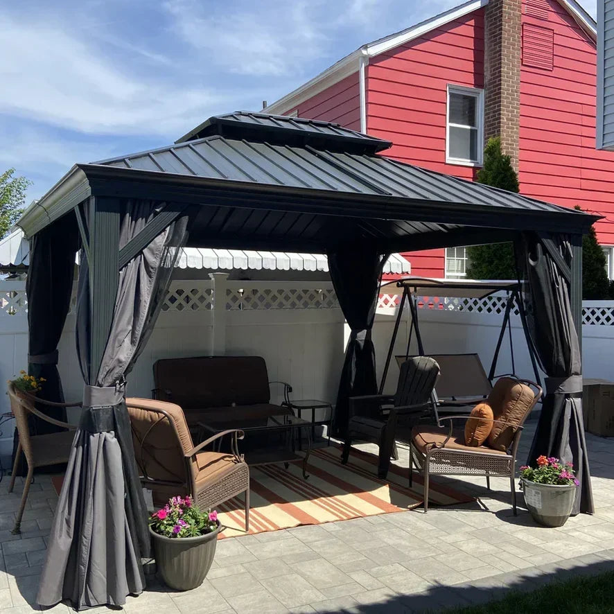 PURPLE LEAF 10X14 Patio Gazebo for Backyard Grey Hardtop Galvanized Steel Roof Awning with Upgrade Curtain