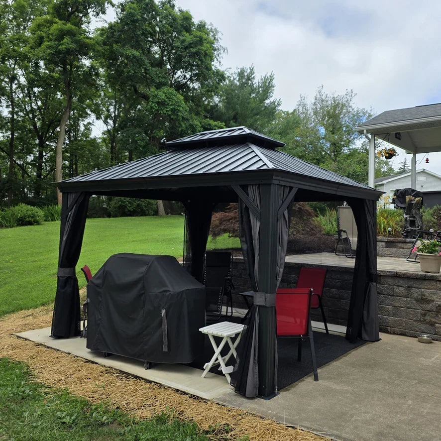 PURPLE LEAF 10X14 Patio Gazebo for Backyard Grey Hardtop Galvanized Steel Roof Awning with Upgrade Curtain
