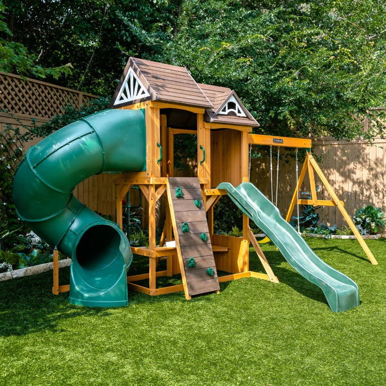 KidKraft Laurel Retreat Multi-Level Clubhouse Swing Set with Two Slides and Two Swings