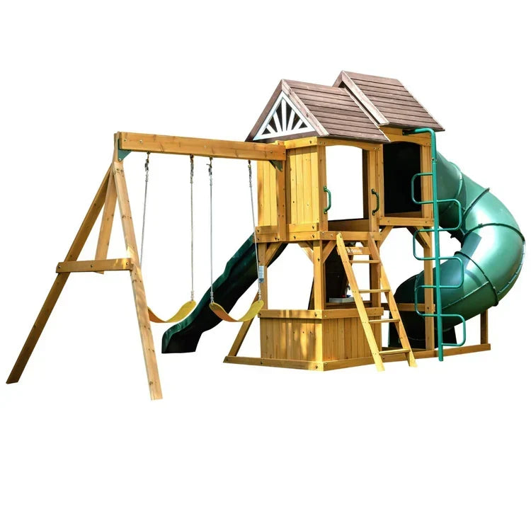 KidKraft Laurel Retreat Multi-Level Clubhouse Swing Set with Two Slides and Two Swings