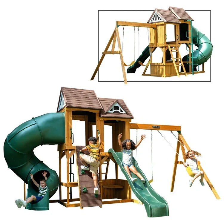 KidKraft Laurel Retreat Multi-Level Clubhouse Swing Set with Two Slides and Two Swings