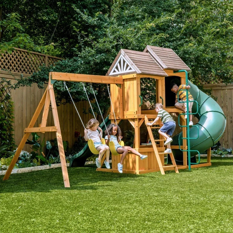 KidKraft Laurel Retreat Multi-Level Clubhouse Swing Set with Two Slides and Two Swings