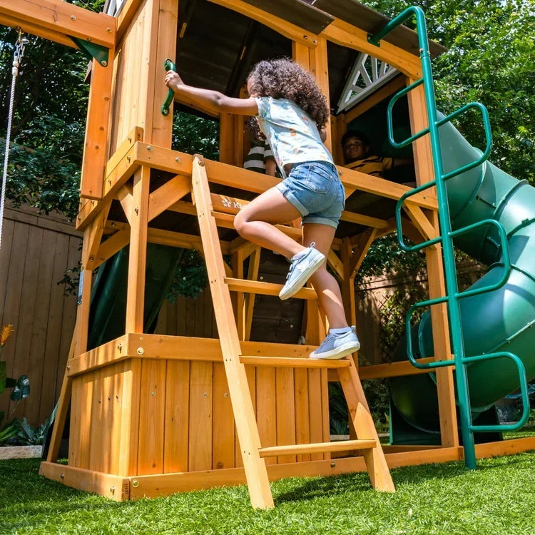KidKraft Laurel Retreat Multi-Level Clubhouse Swing Set with Two Slides and Two Swings