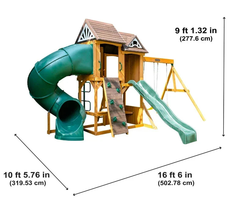 KidKraft Laurel Retreat Multi-Level Clubhouse Swing Set with Two Slides and Two Swings