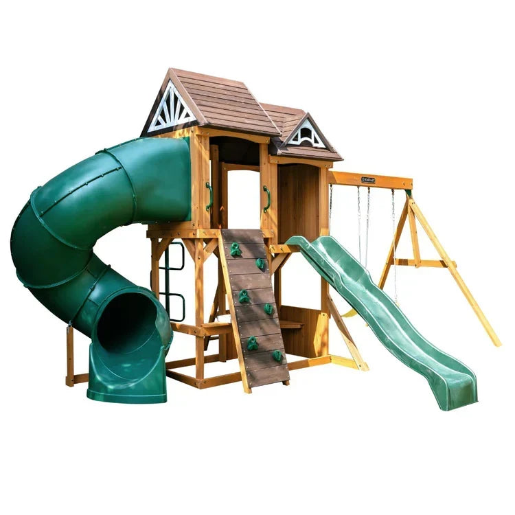 KidKraft Laurel Retreat Multi-Level Clubhouse Swing Set with Two Slides and Two Swings
