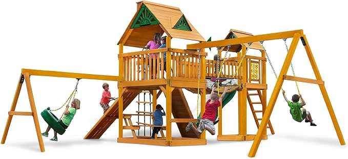 Gorilla Playsets Pioneer Peak Treehouse Wooden Swing Set with Tire Swing, and Clatter Bridge and Tower