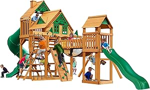 Gorilla Playsets Pioneer Peak Treehouse Wooden Swing Set with Tire Swing, and Clatter Bridge and Tower