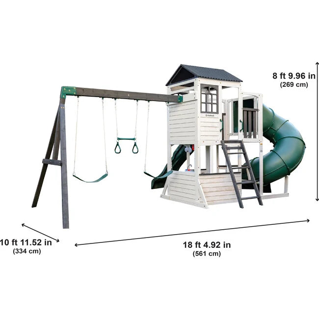 Wrangler Way Wooden Swing Set / Playset with Playhouse, 2 Slides and 3 Swings