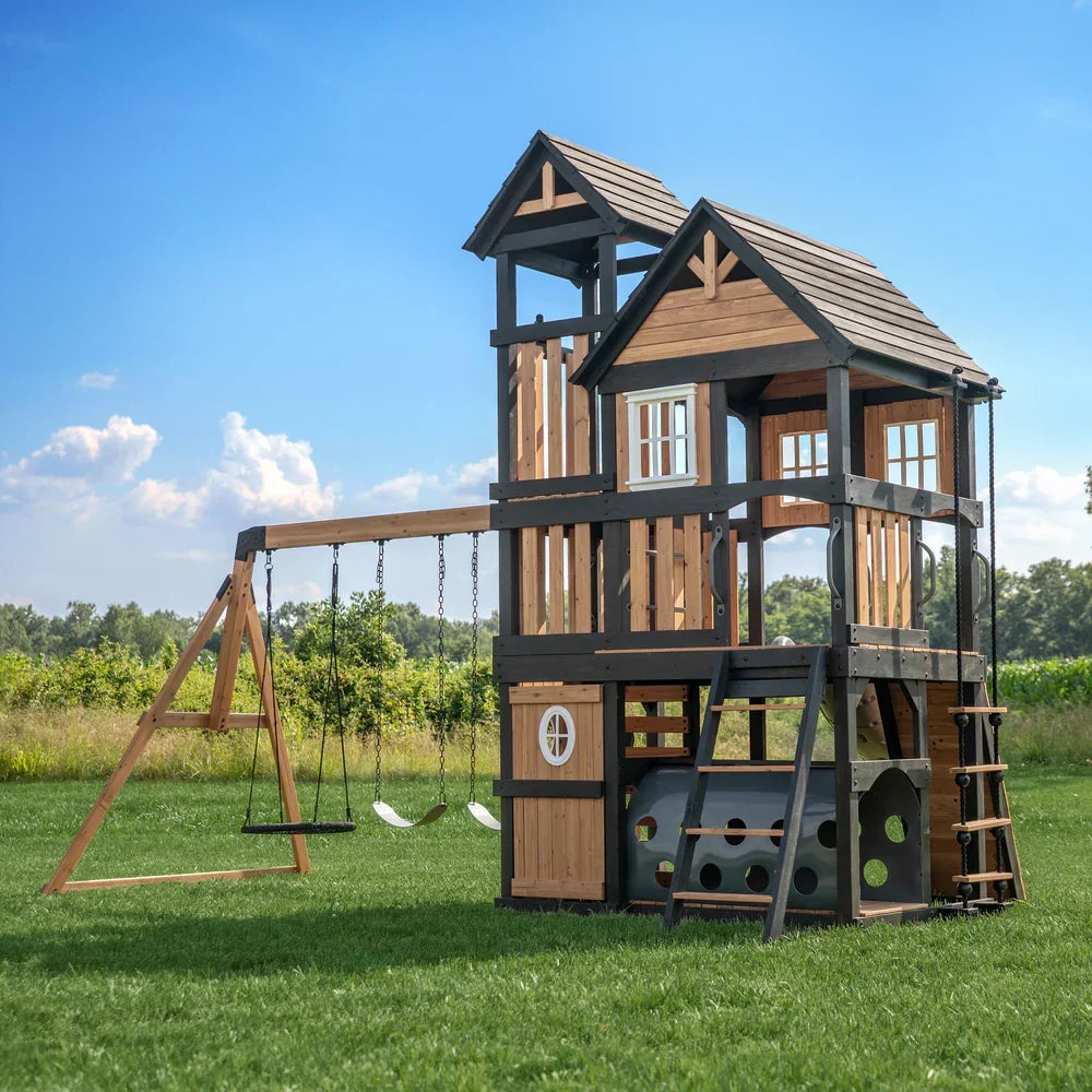 Backyard Discovery Mystic Tower Multi-Level Cedar Swing Set with Hidden Climbing Tower