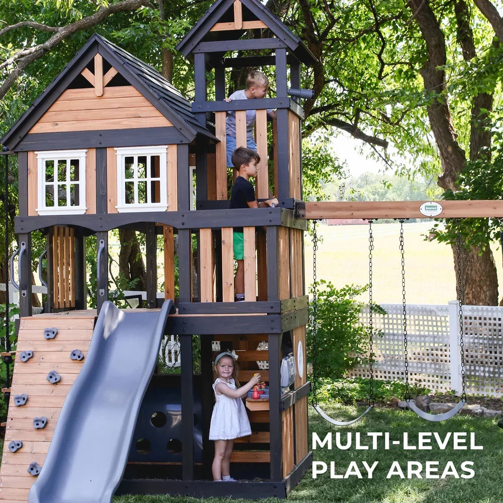 Backyard Discovery Mystic Tower Multi-Level Cedar Swing Set with Hidden Climbing Tower