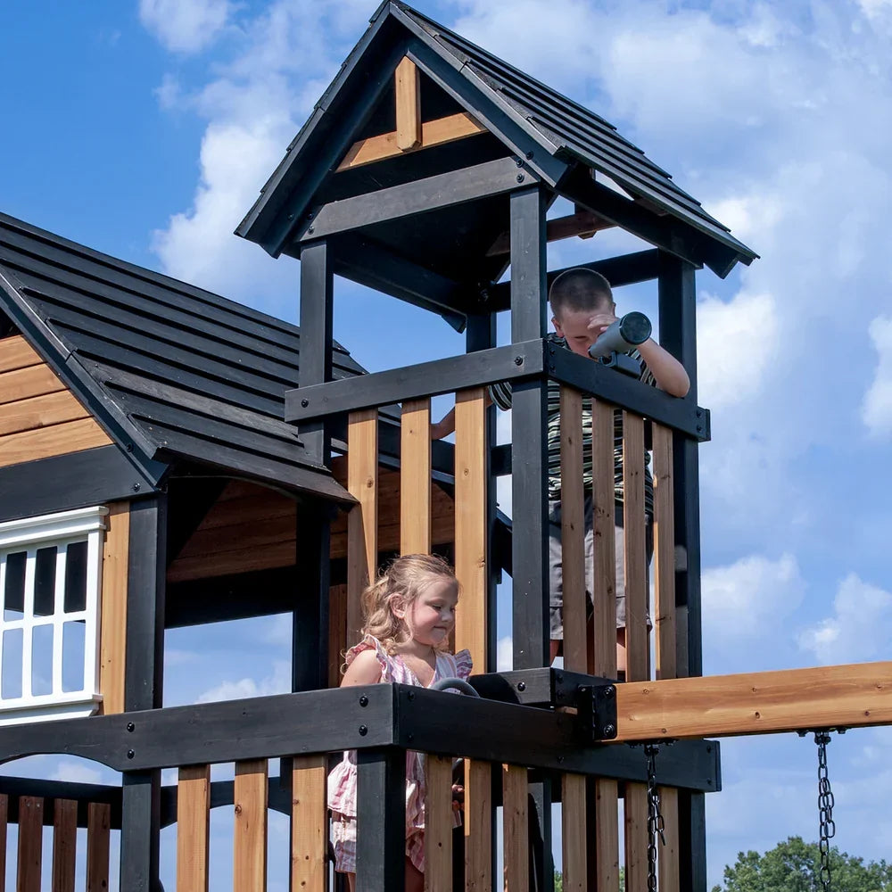 Backyard Discovery Mystic Tower Multi-Level Cedar Swing Set with Hidden Climbing Tower