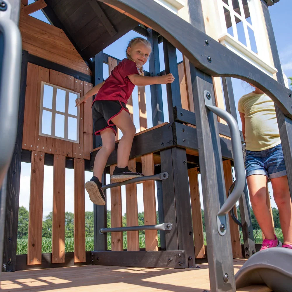 Backyard Discovery Mystic Tower Multi-Level Cedar Swing Set with Hidden Climbing Tower