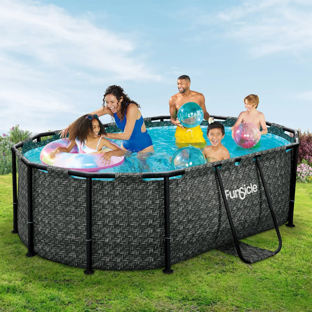 Funsicle 9'10" Oasis Designer Above Ground Pool with Pump, Oval Frame, Dark Herringbone