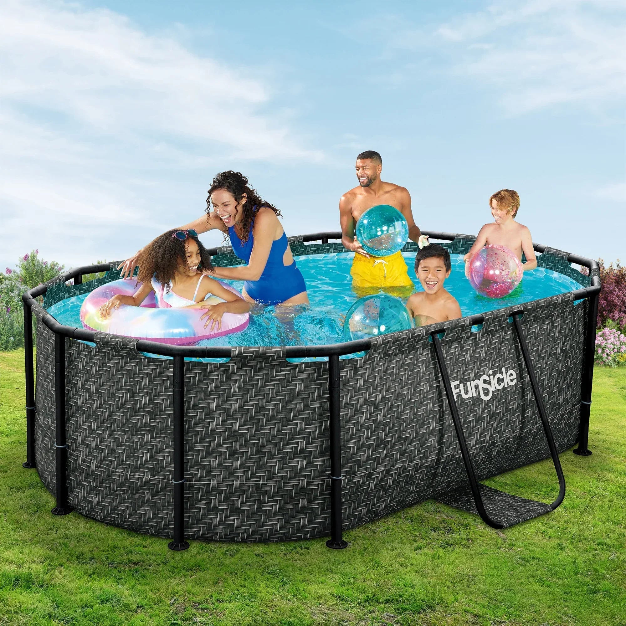 Funsicle 9'10" Oasis Designer Above Ground Pool with Pump, Oval Frame, Dark Herringbone