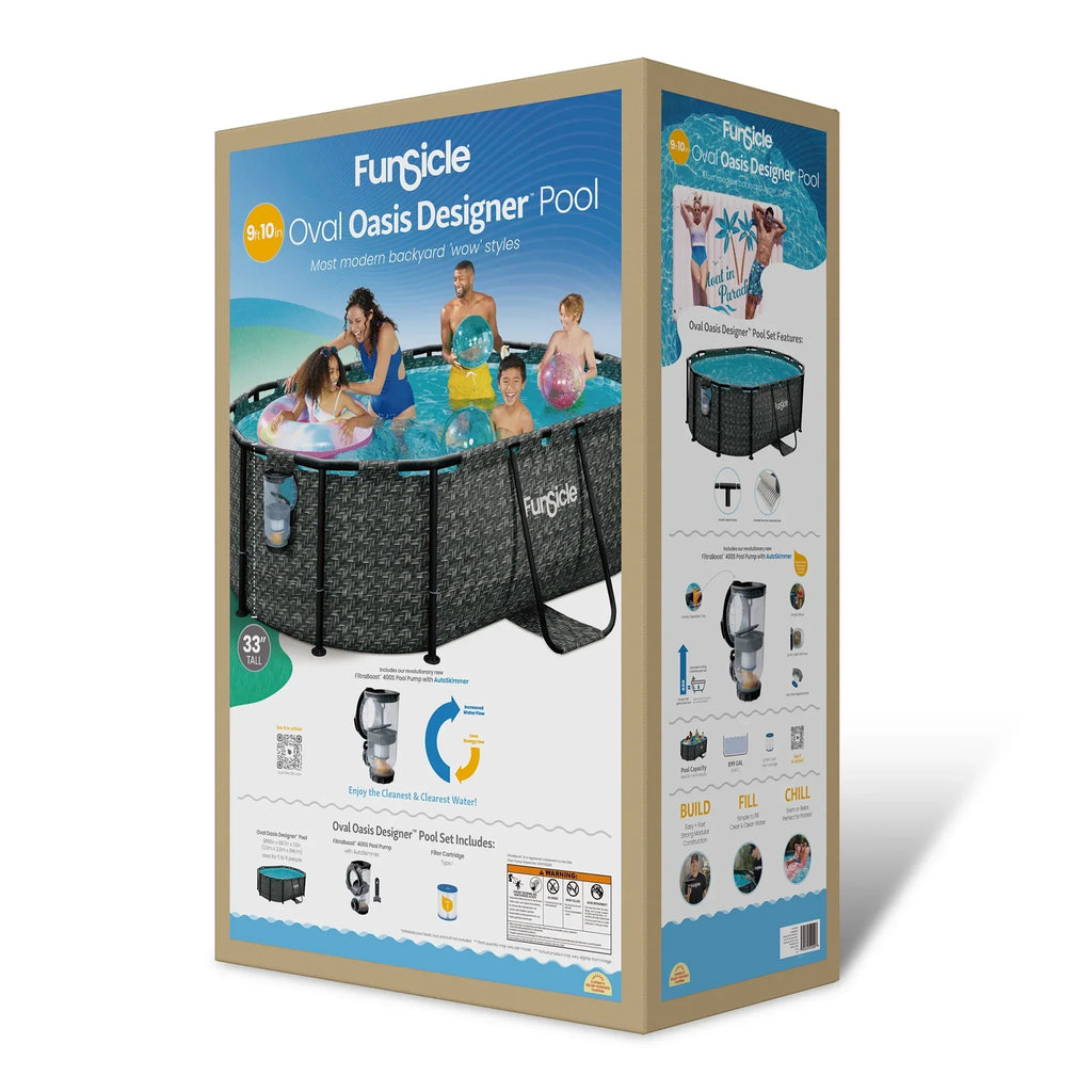 Funsicle 9'10" Oasis Designer Above Ground Pool with Pump, Oval Frame, Dark Herringbone