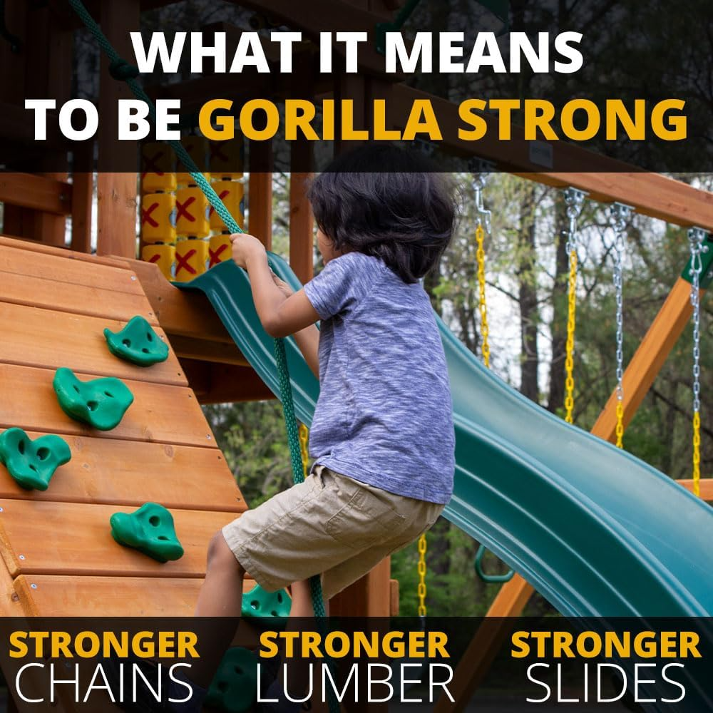 Gorilla Playsets Mountaineer Treehouse Wooden Swing Set with Tube Slide, Rope Ladder, and Sandbox