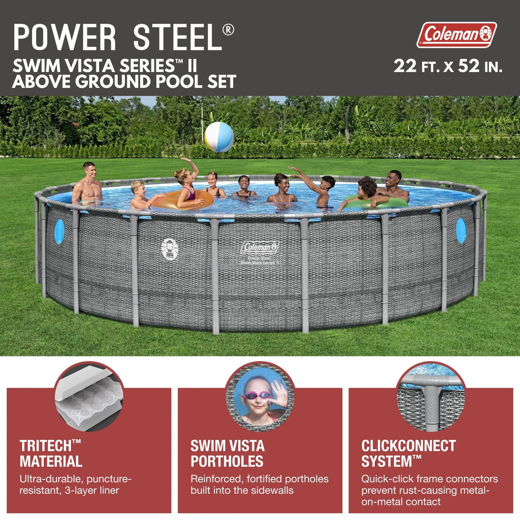 Coleman Power Steel 22’x52” Metal Frame Above Ground Pool w/ Pump, Ladder, & Cover, Gray