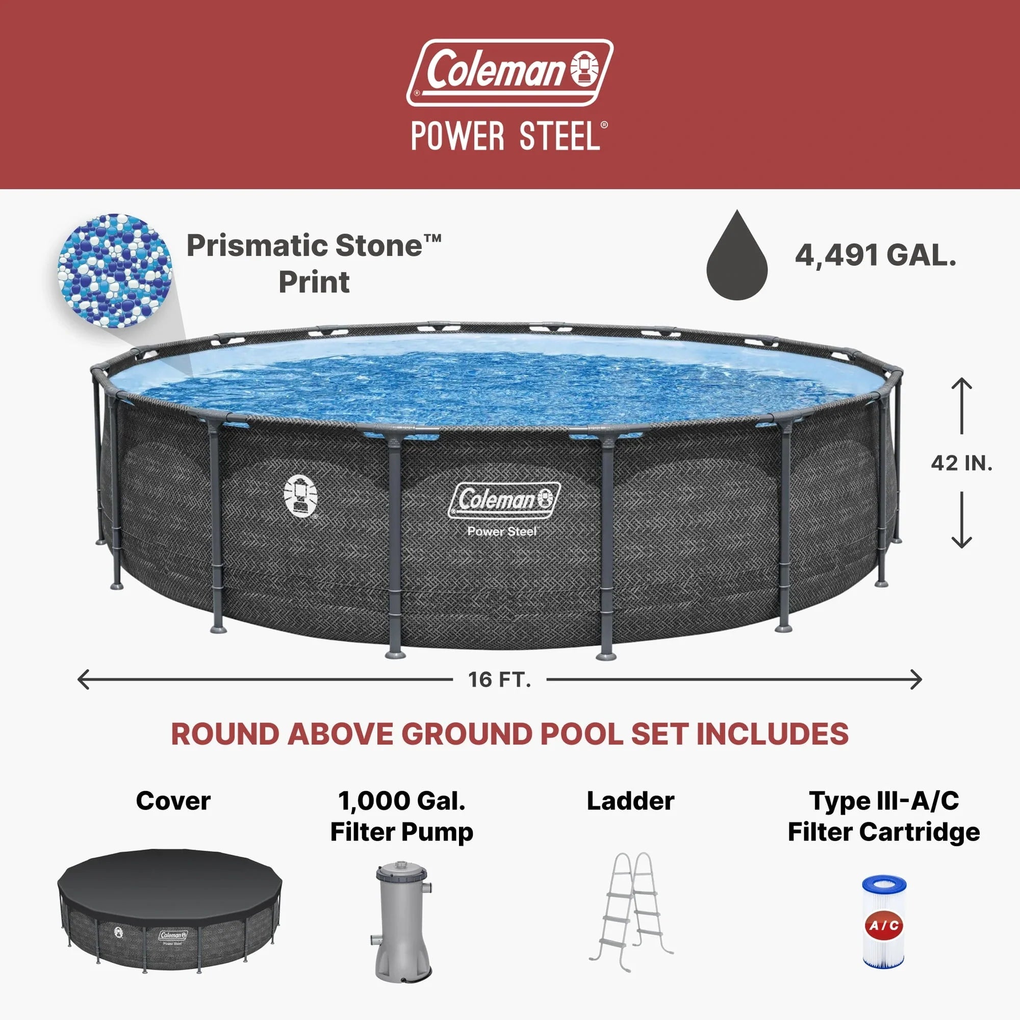 Coleman Power Steel 16 ft. x 42 in. Round Metal Frame Above Ground Pool Set