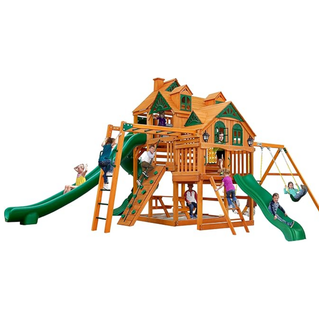 Gorilla Playsets Empire Extreme Wooden Swing Set with Monkey Bars, Clatter Bridge, Tower, and 3 Slides