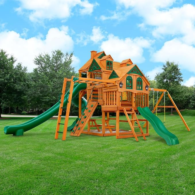 Gorilla Playsets Empire Extreme Wooden Swing Set with Monkey Bars, Clatter Bridge, Tower, and 3 Slides
