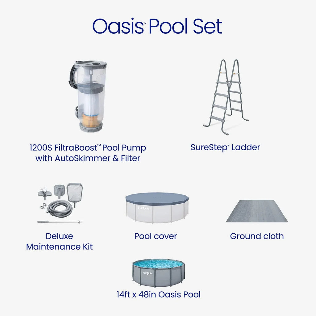Funsicle Oasis Above Ground Metal Frame Swimming Pool Set – with FB1200S AutoSkimmer Pump, Ladder, Cover, Cloth & Deluxe Maint. Kit, 14' x 48", Round, Gray