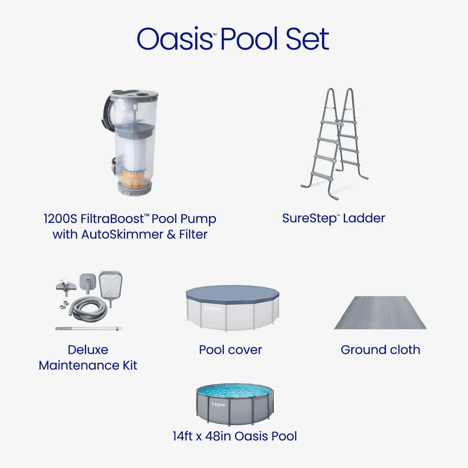 Funsicle Oasis Above Ground Metal Frame Swimming Pool Set – with FB1200S AutoSkimmer Pump, Ladder, Cover, Cloth & Deluxe Maint. Kit, 14' x 48", Round, Gray