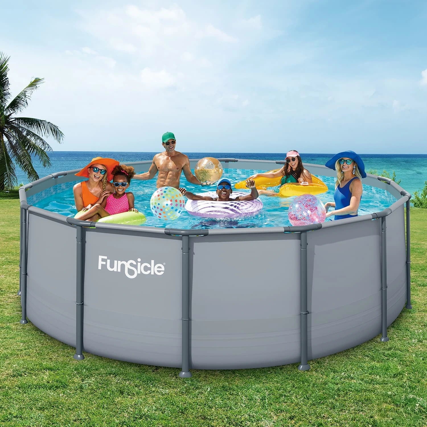 Funsicle Oasis Above Ground Metal Frame Swimming Pool Set – with FB1200S AutoSkimmer Pump, Ladder, Cover, Cloth & Deluxe Maint. Kit, 14' x 48", Round, Gray
