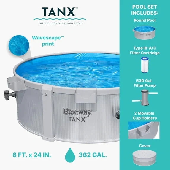 Bestway TANX 6' x 24" Round Above Ground Stock Tank Metal-Walled Above Ground Pool, All-in-One Set