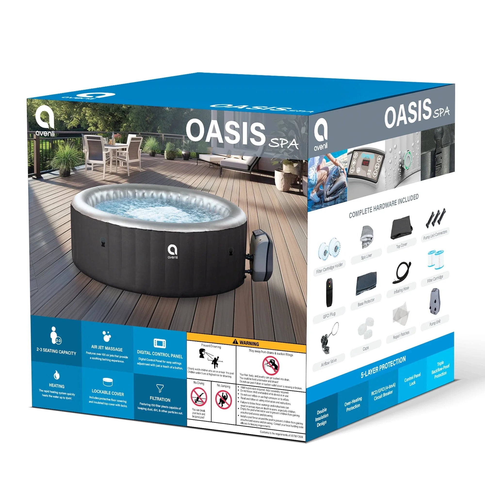 Avenli Oasis 2-3 Person Inflatable Hot Tub Spa + Cover, Rapid Heating up to 104°F, 105 Water Jets, 181 gal Capacity