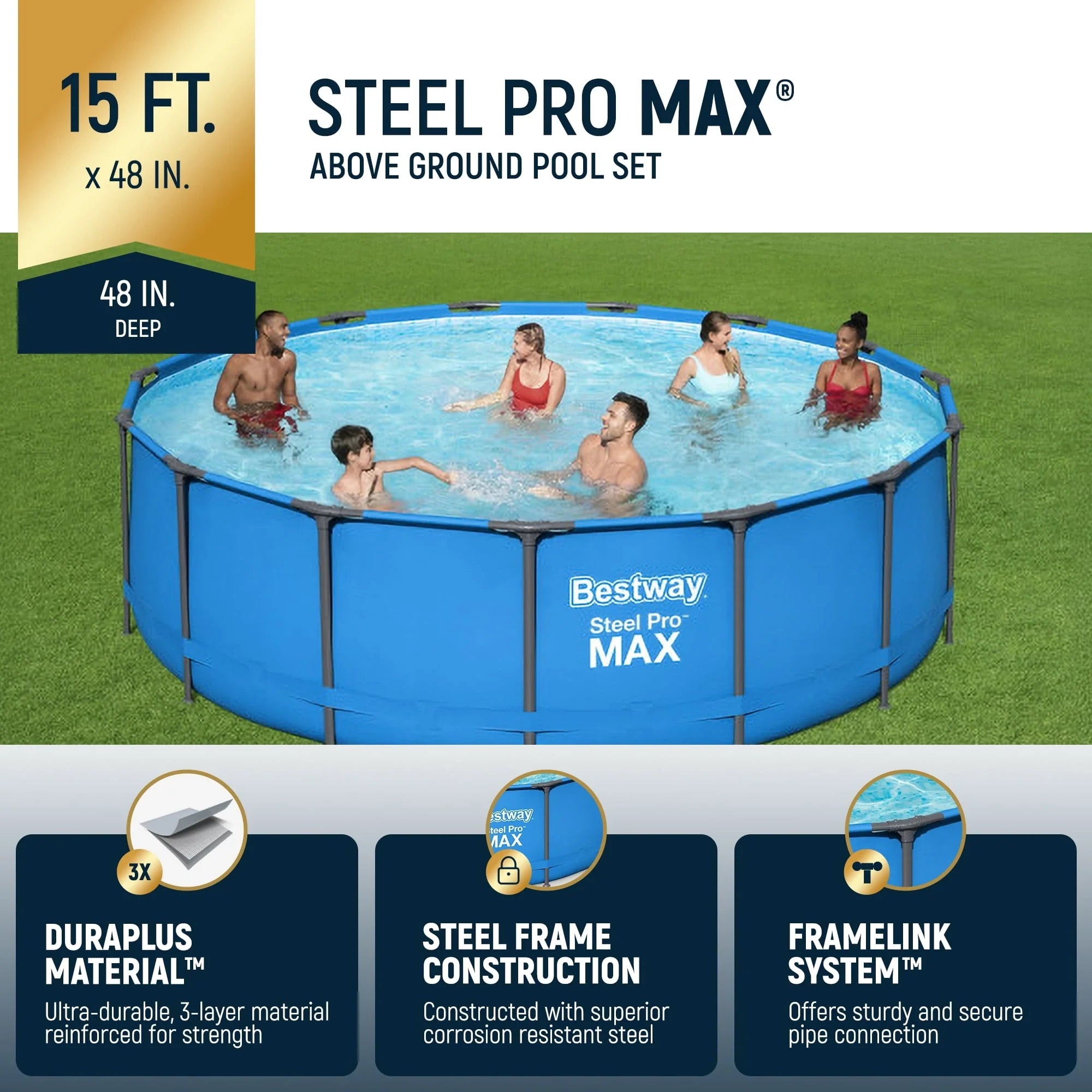 Bestway Steel Pro MAX 15' x 48" Round Above Ground Swimming Pool & Pool Ladder