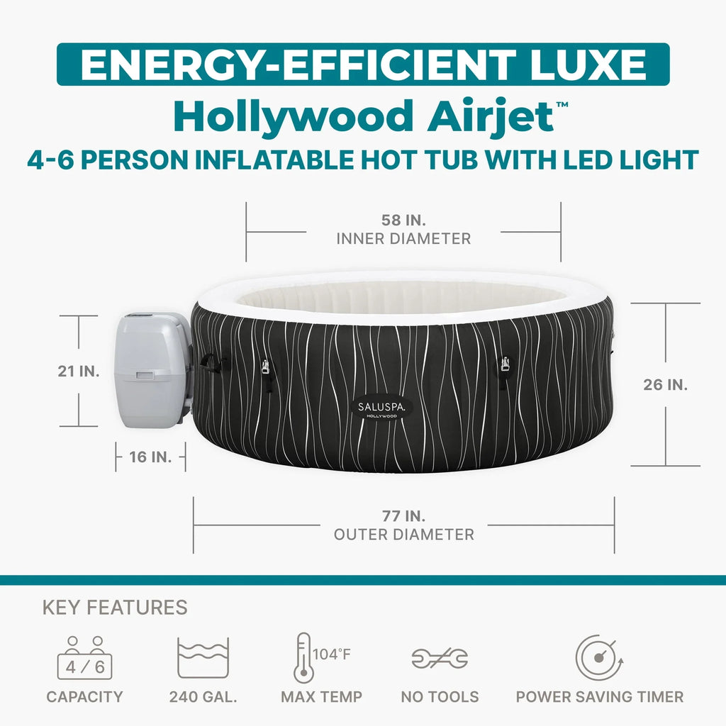 Bestway SaluSpa Hollywood Luxe 4-6 Person Inflatable Hot Tub, Round Energy-Efficient Spa, 77" x 26"