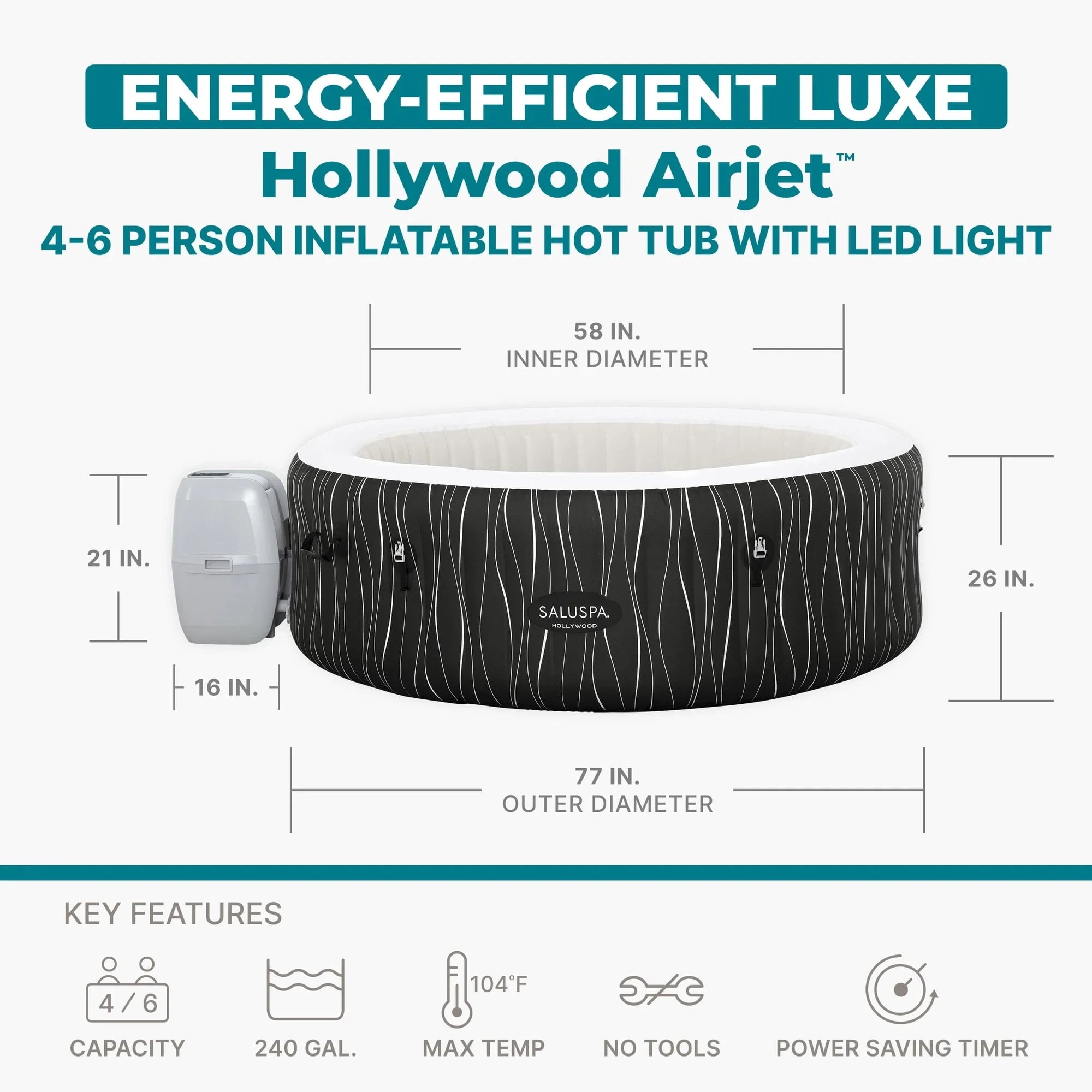 Bestway SaluSpa Hollywood Luxe 4-6 Person Inflatable Hot Tub, Round Energy-Efficient Spa, 77" x 26"