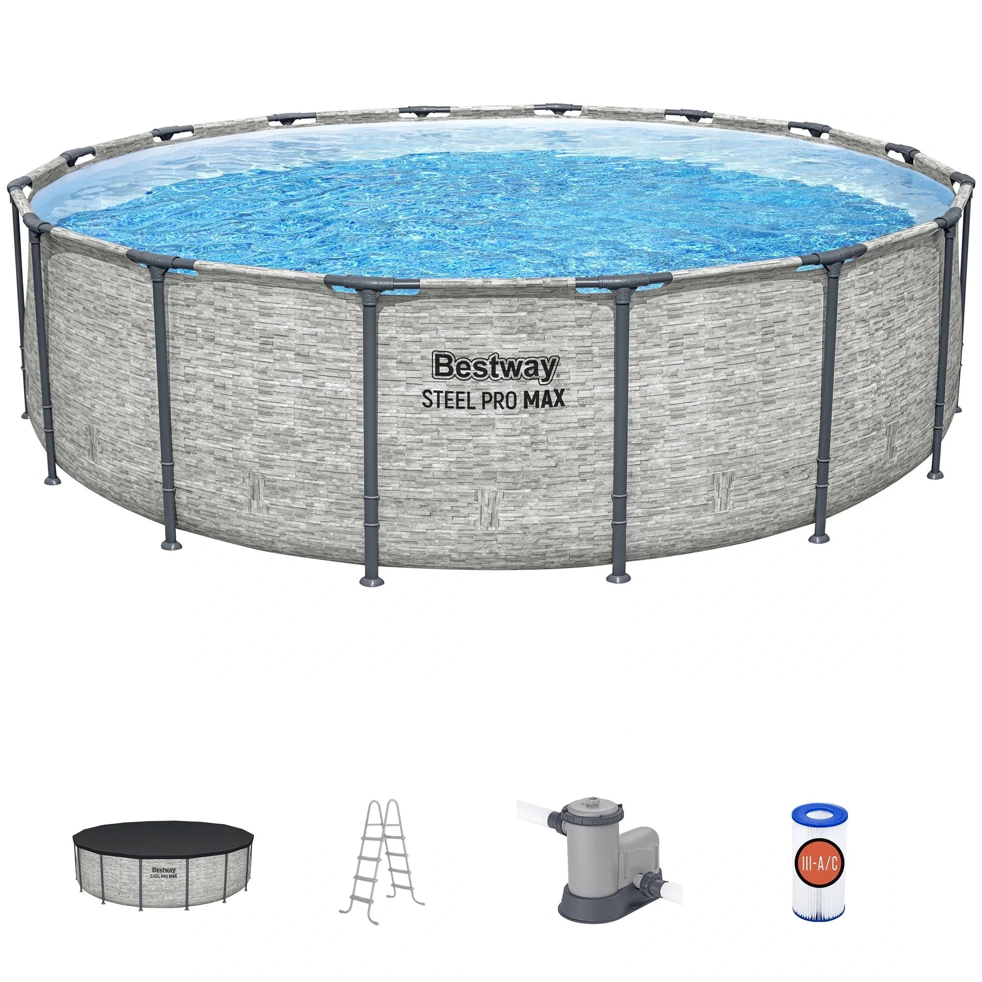 Bestway: Steel Pro MAX - 16' x 48", Grey -Round Above Ground Swimming Pool Set, ClickConnect Frame, Tritech, Filter Pump-Ladder-Cover, 5145 Gal Water