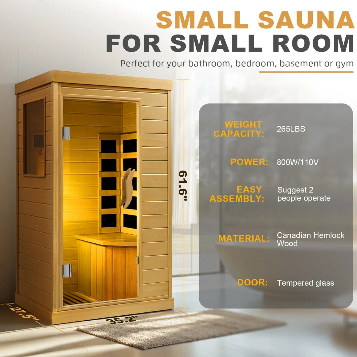 HomeMiYN Far Infrared Wood Sauna Box ,traditional Sauna Room Indoor Home Spa Low-emf Dry Saunas Single Person Spa Canada Hemlock,nature