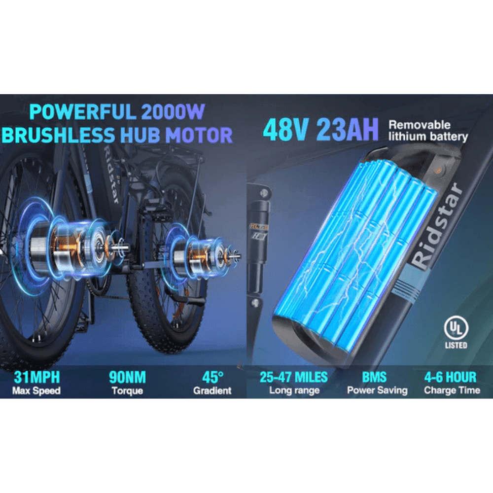 Ridstar E26 PRO Electric Bike 48V 23Ah Battery 1000W*2 Dual Motors 26*4.0inches Tires 50-75KM Max Mileage 15