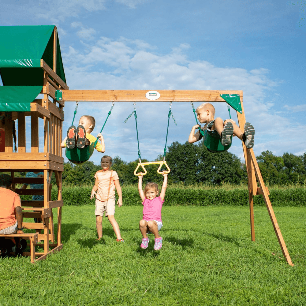 Canyon Creek All Cedar Swing Set Playset w/ Rockwall Upper Fort Belt Swings Web Swing Gray Wave Slide, and Play Kitchen