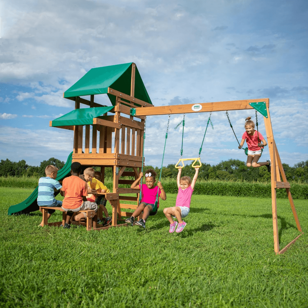 Canyon Creek All Cedar Swing Set Playset w/ Rockwall Upper Fort Belt Swings Web Swing Gray Wave Slide, and Play Kitchen