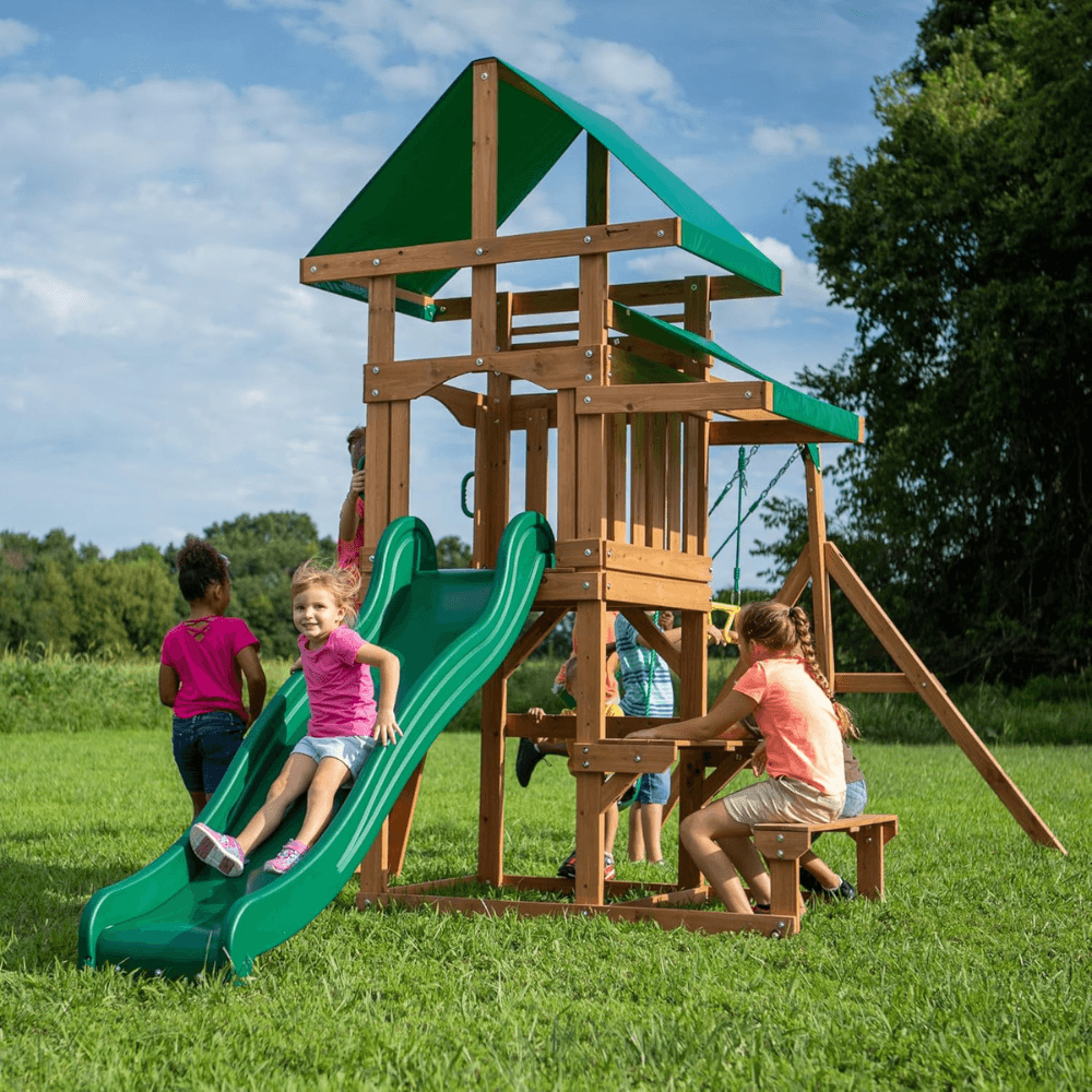 Canyon Creek All Cedar Swing Set Playset w/ Rockwall Upper Fort Belt Swings Web Swing Gray Wave Slide, and Play Kitchen